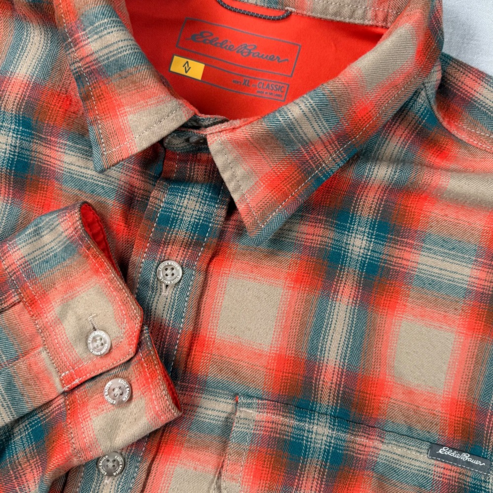 Eddie Bauer Travex Mens XL Classic Fit Flannel Shirt Plaid Orange Long Sleeve‎